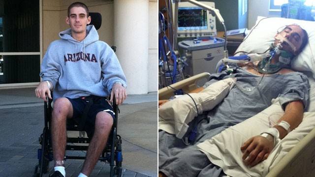 Sam Schmid in wheelchair after being considered brain dead